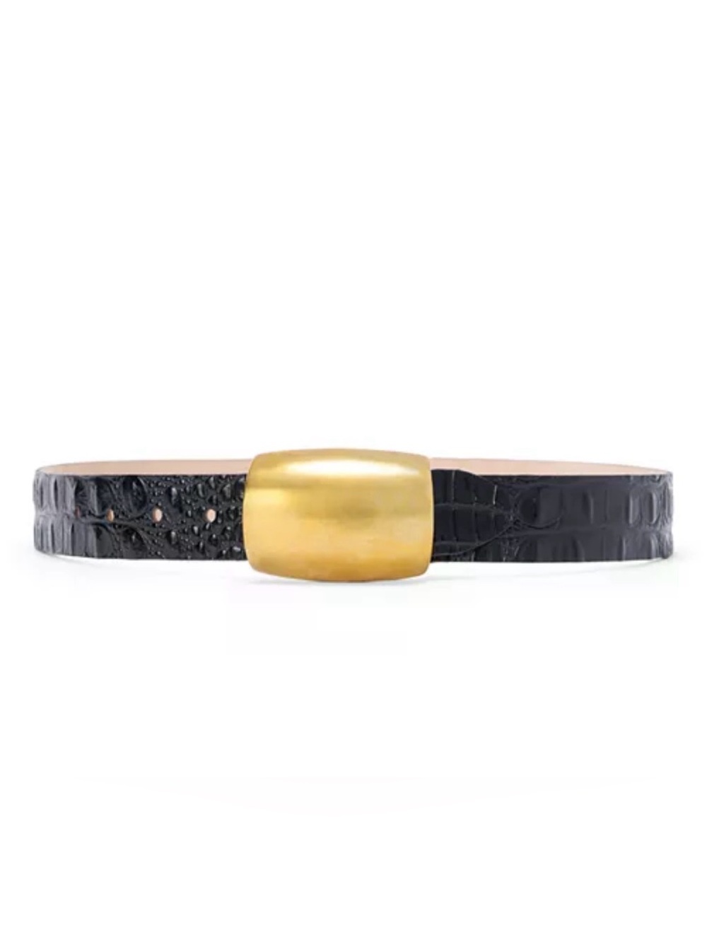 L'AGENCE Black Croc-Embossed Leather Belt with Gold Buckle